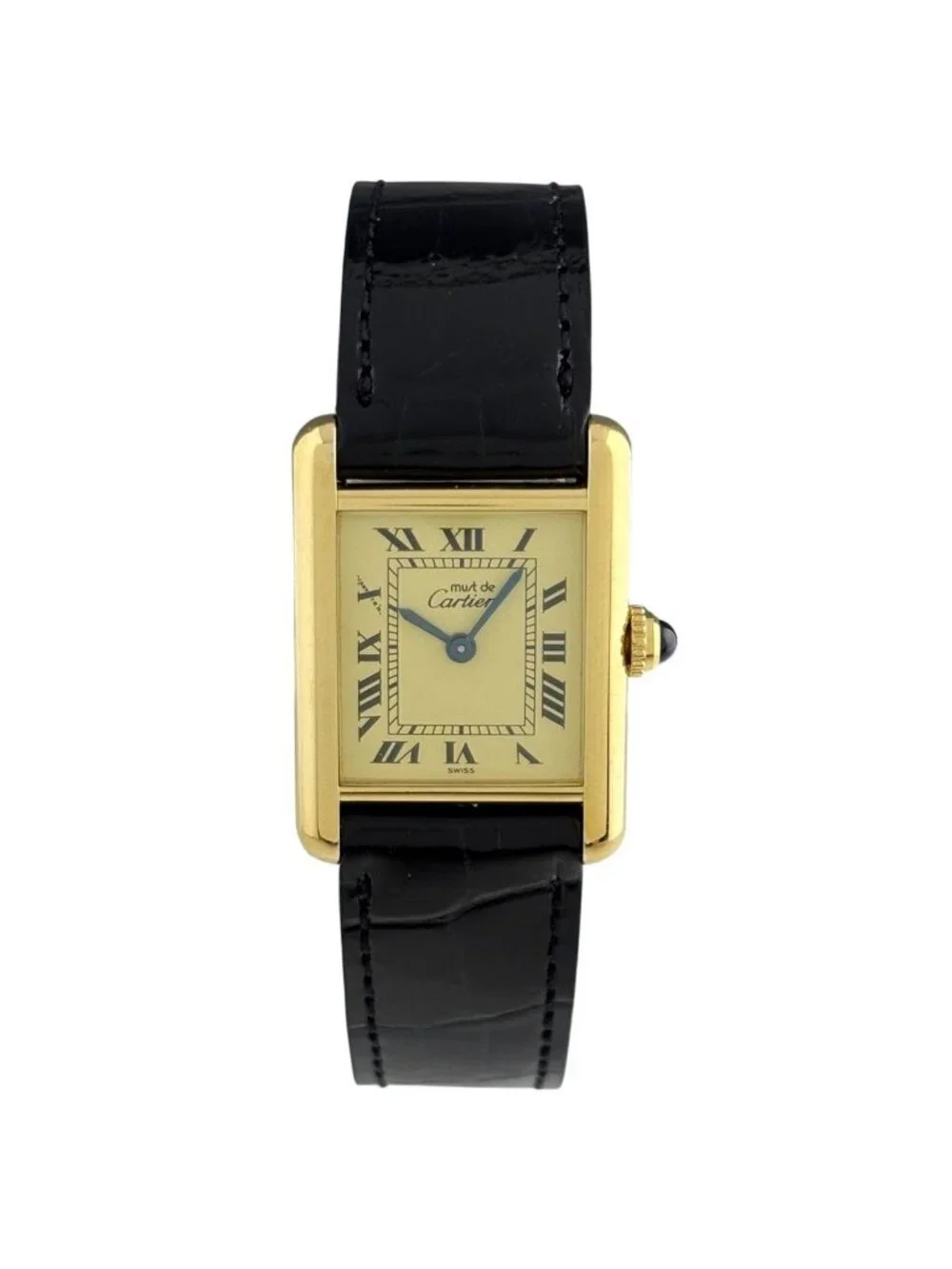 Cartier Must Tank SM Vermeil Watch 925 Sterling Silver Leather Quartz Yellow